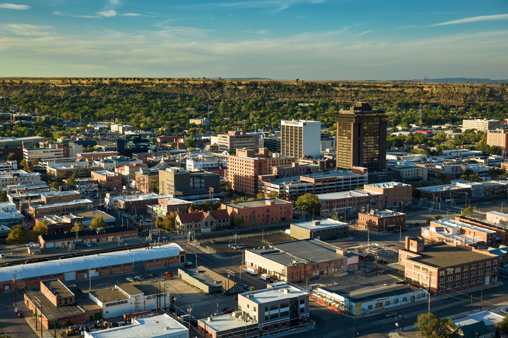 Aerial view of a city neighborhood and surrounding homes