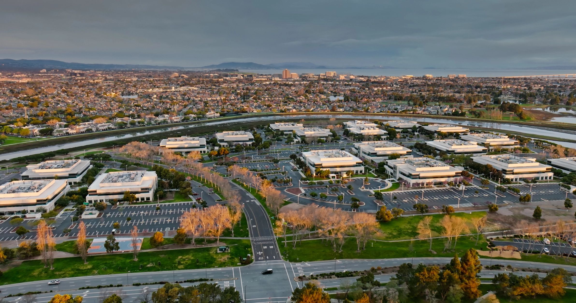 Aerial view of a suburban neighborhood